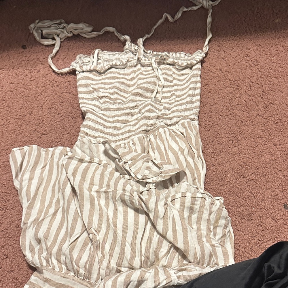 She + Sky Beige and White Striped Maxi Dress